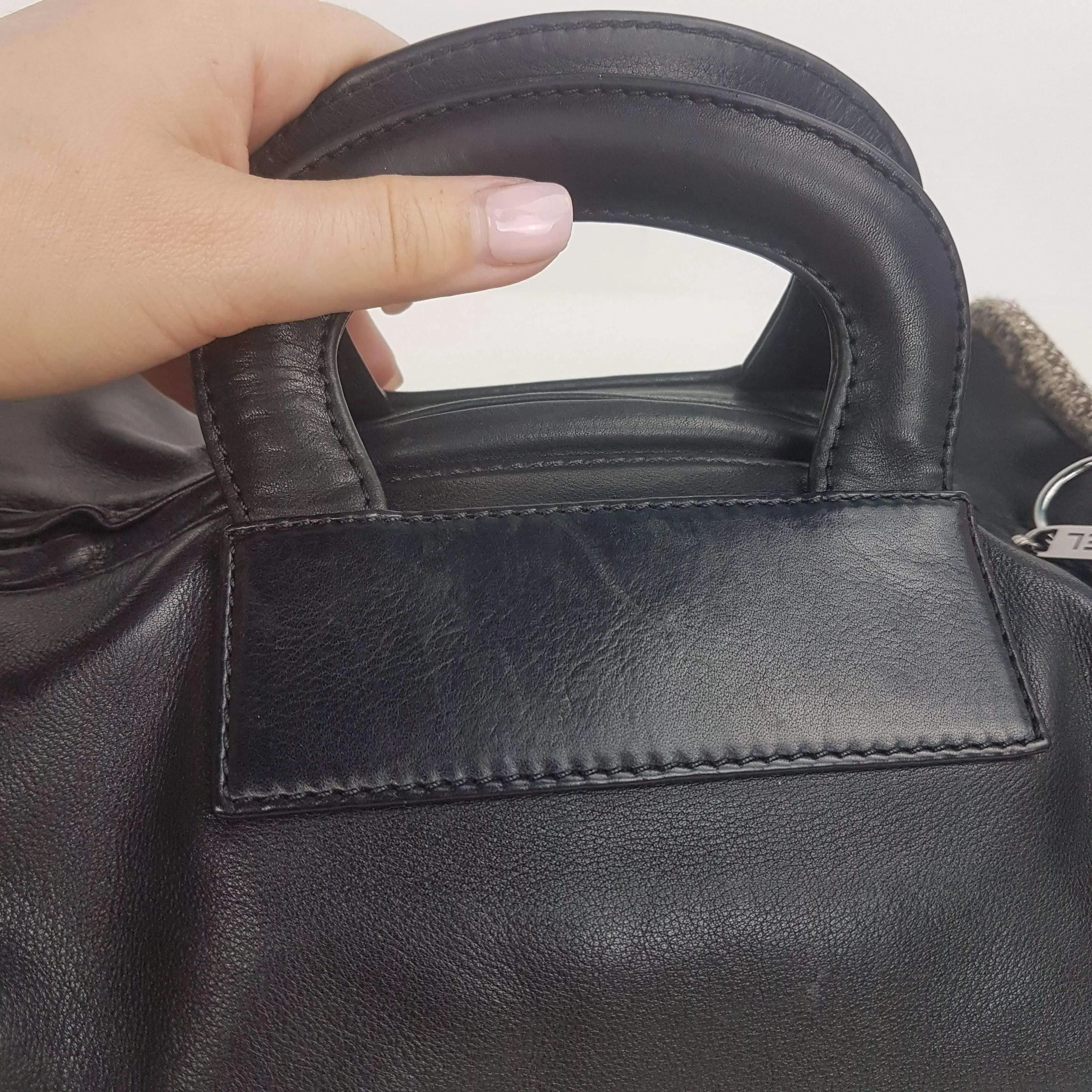 Chanel Vintage Black Leather Bowler Tweed Trim Bag - Image 17