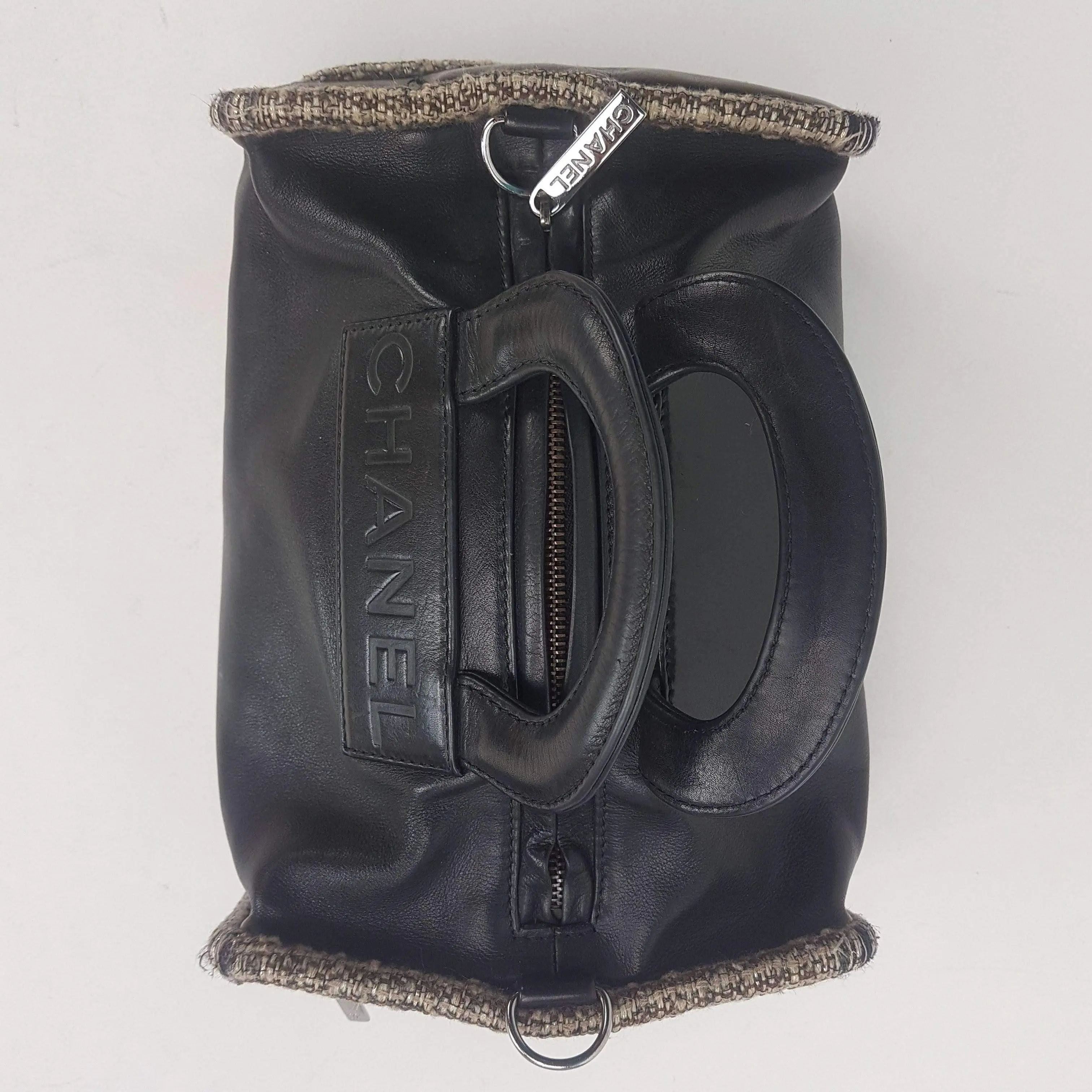 Chanel Vintage Black Leather Bowler Tweed Trim Bag - Image 19