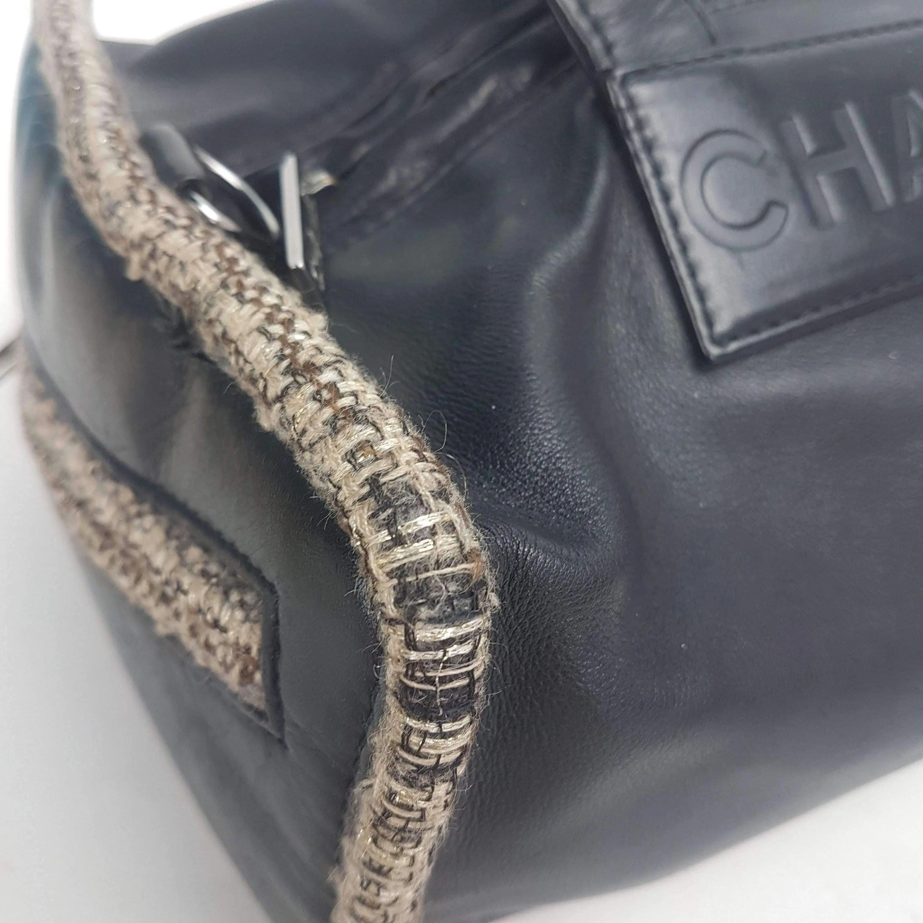 Chanel Vintage Black Leather Bowler Tweed Trim Bag - Image 7