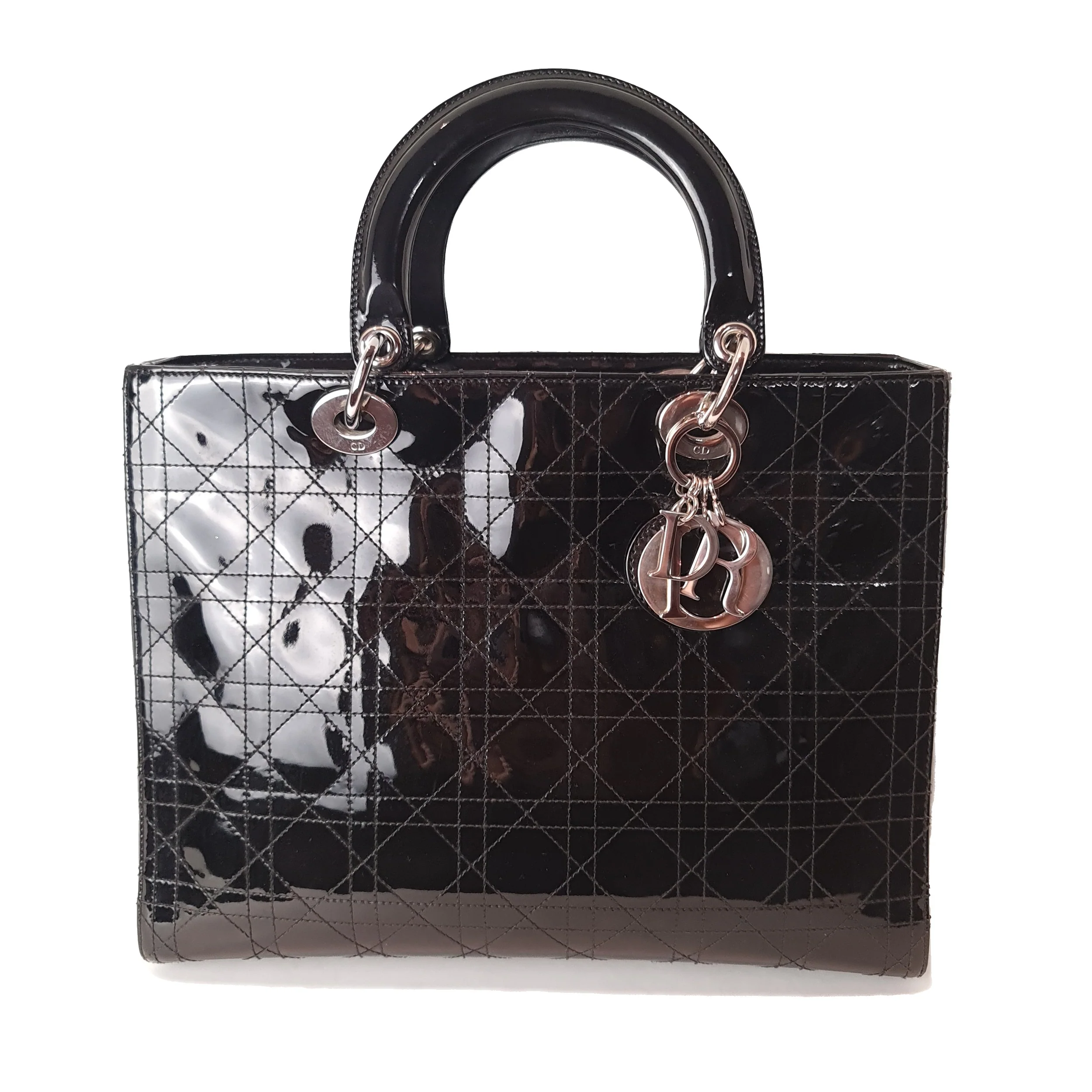 Christian Dior Black Cannage Patent Leather Large Lady Dior Bag (771) - Image 2