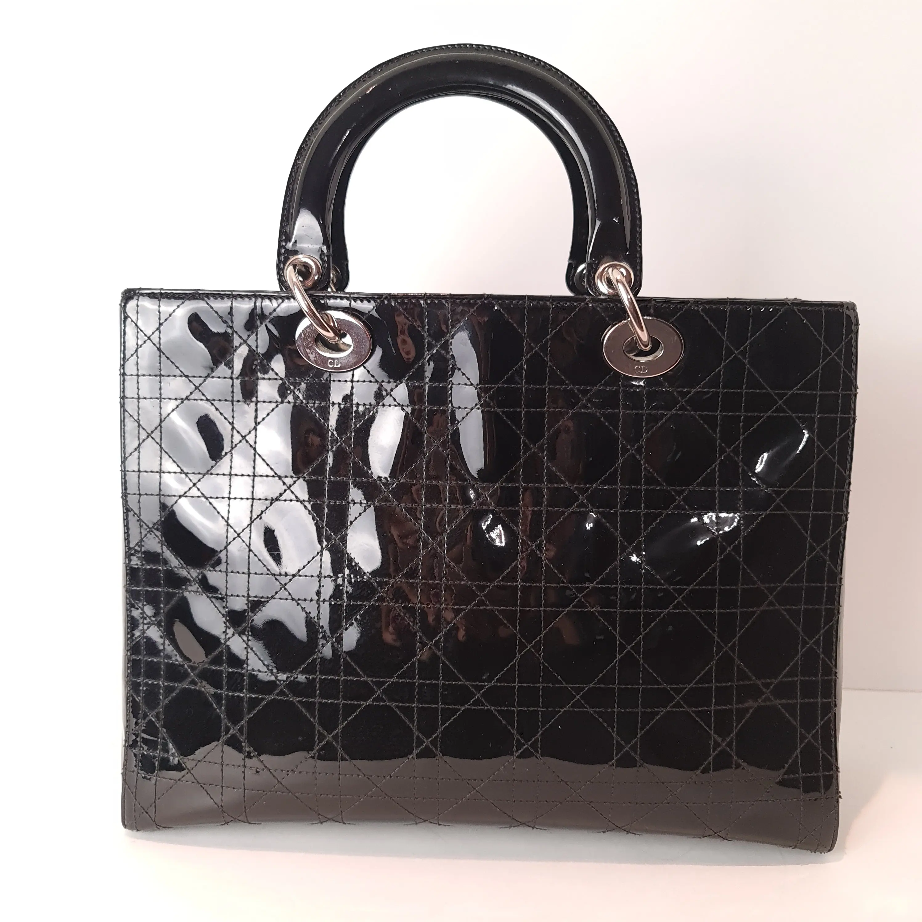 Christian Dior Black Cannage Patent Leather Large Lady Dior Bag (771) - Image 4