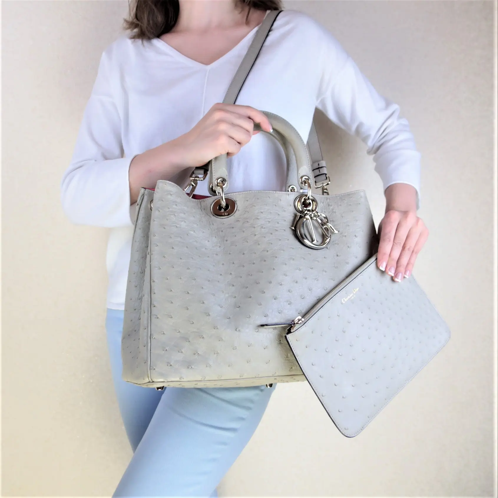 Dior Large Beige Ostrich Diorissimo Tote Bag