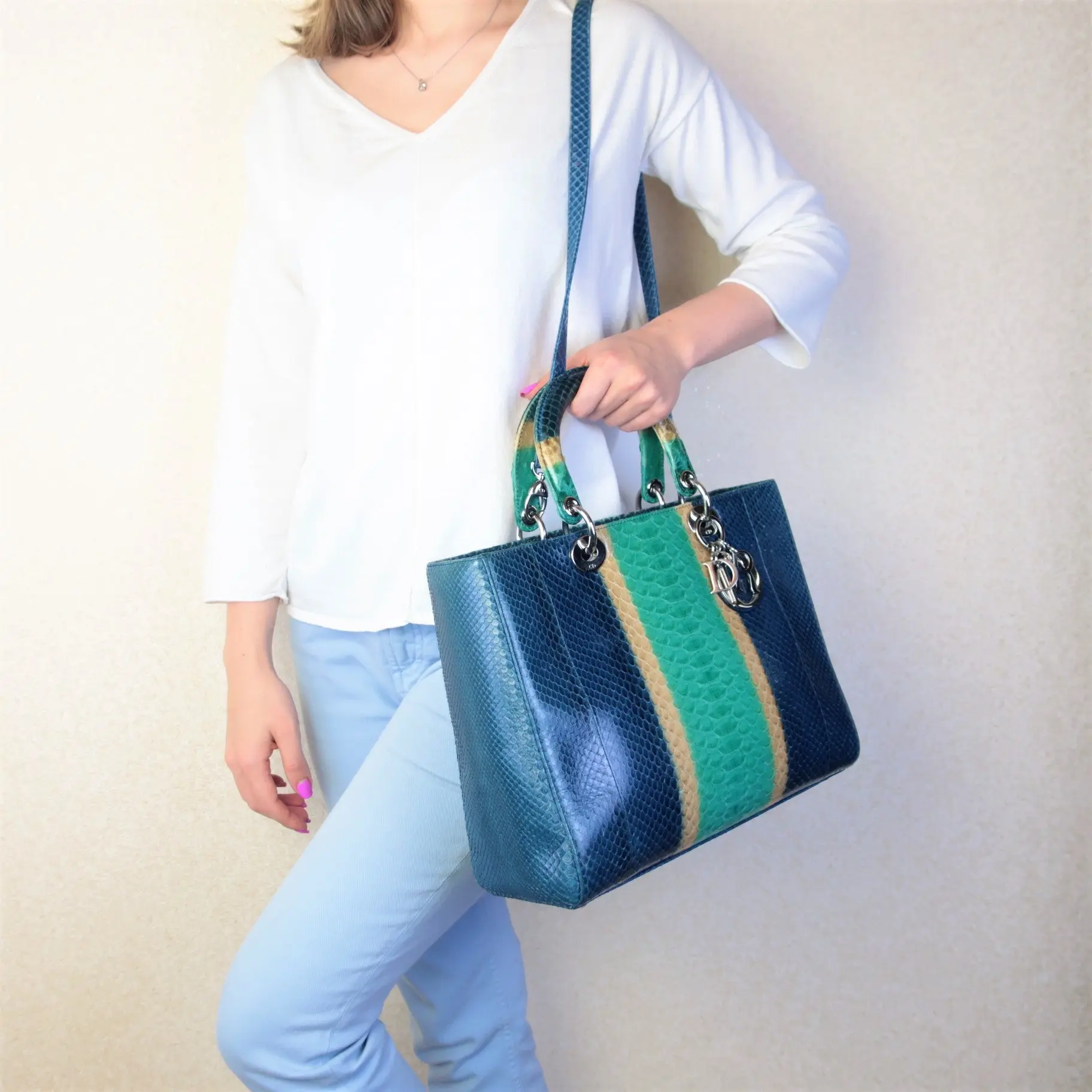 Dior Blue Python Lady Dior Large Shoulder Bag