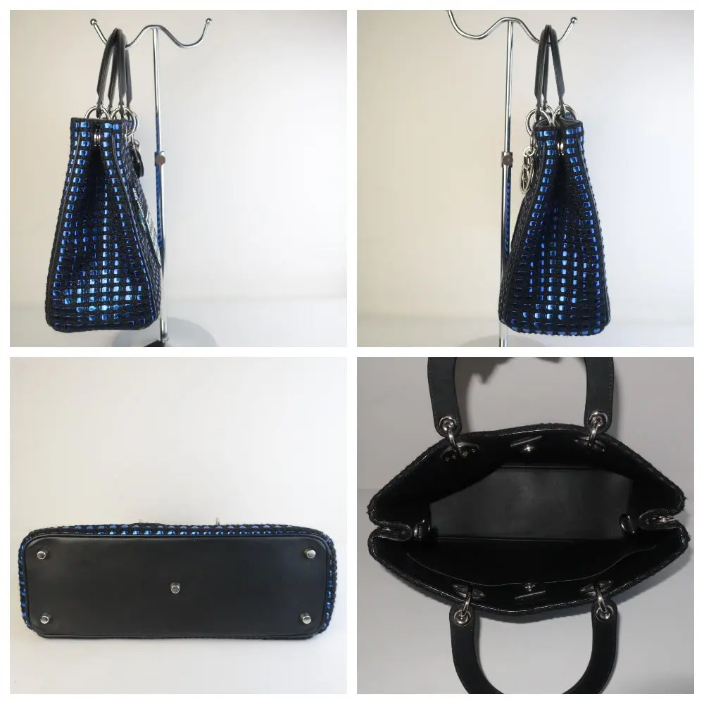 Diorissimo Patch Embellished Metallic Large Blue and Black Tweed Tote Bag - Image 10