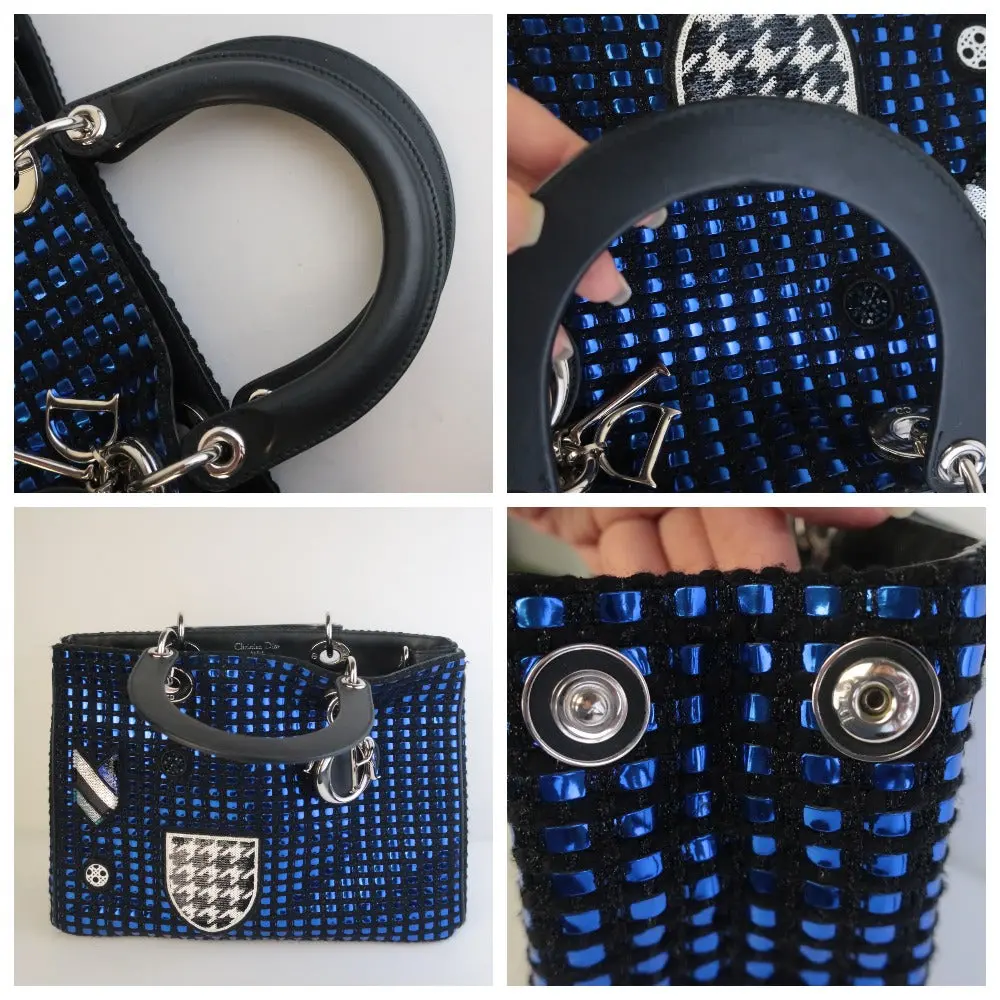 Diorissimo Patch Embellished Metallic Large Blue and Black Tweed Tote Bag - Image 13