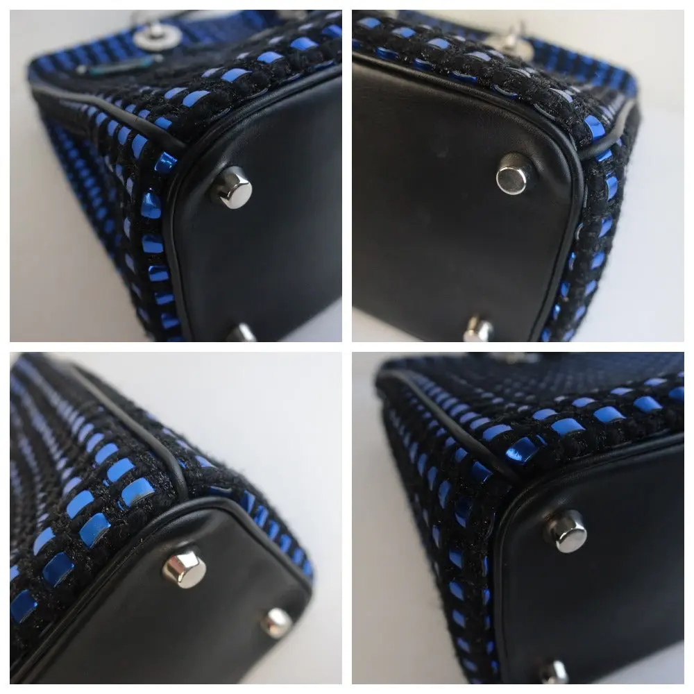 Diorissimo Patch Embellished Metallic Large Blue and Black Tweed Tote Bag - Image 19