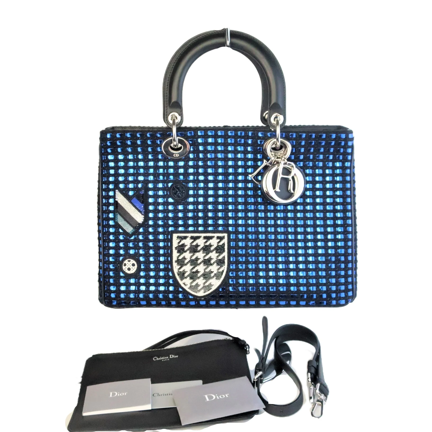 Diorissimo Patch Embellished Metallic Large Blue and Black Tweed Tote Bag - Image 2