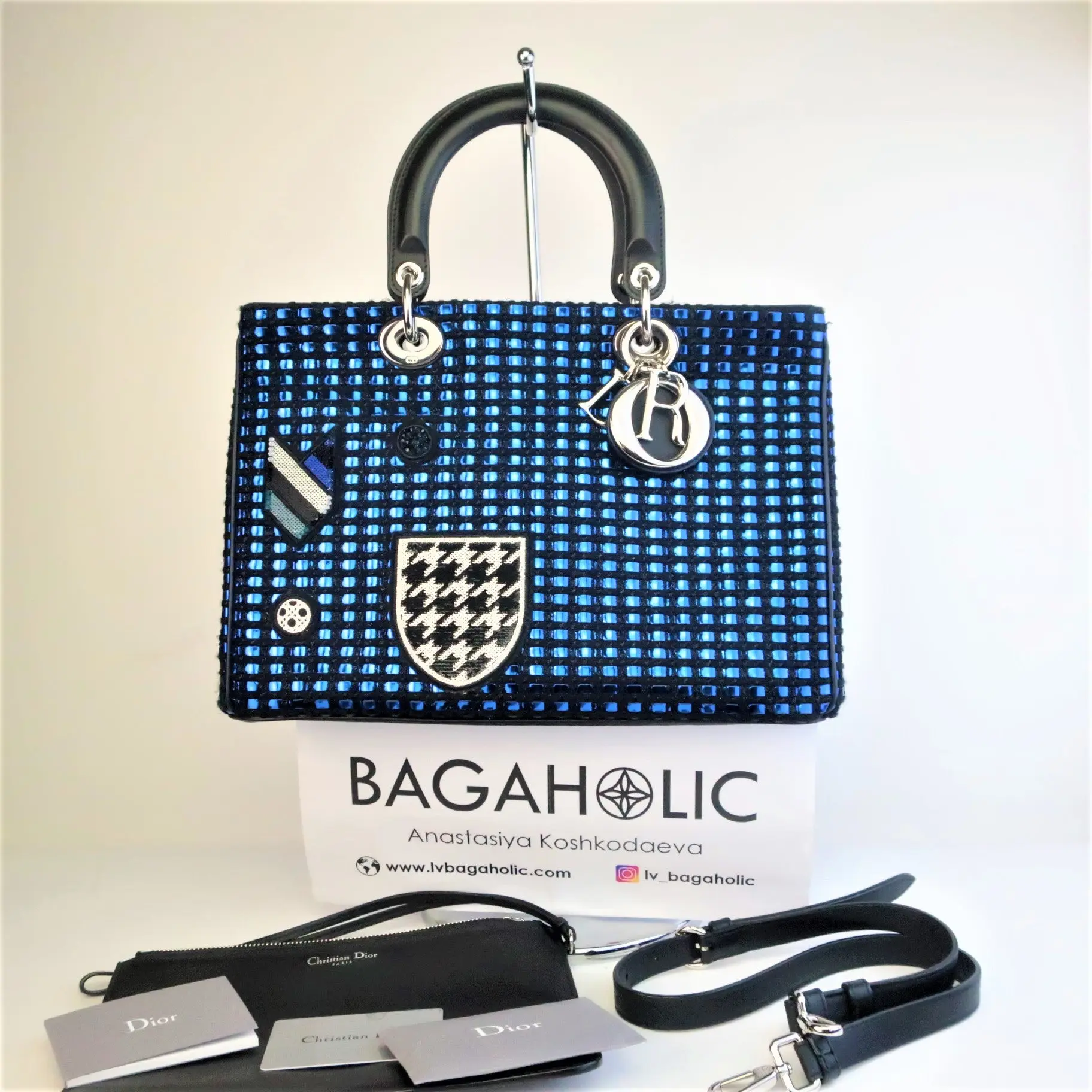 Diorissimo Patch Embellished Metallic Large Blue and Black Tweed Tote Bag - Image 3