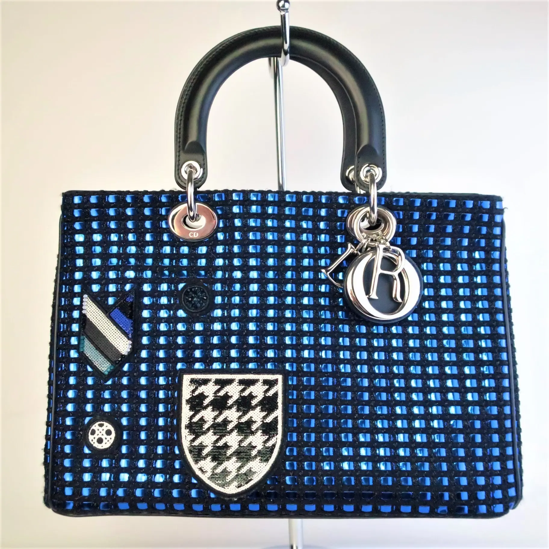 Diorissimo Patch Embellished Metallic Large Blue and Black Tweed Tote Bag - Image 4