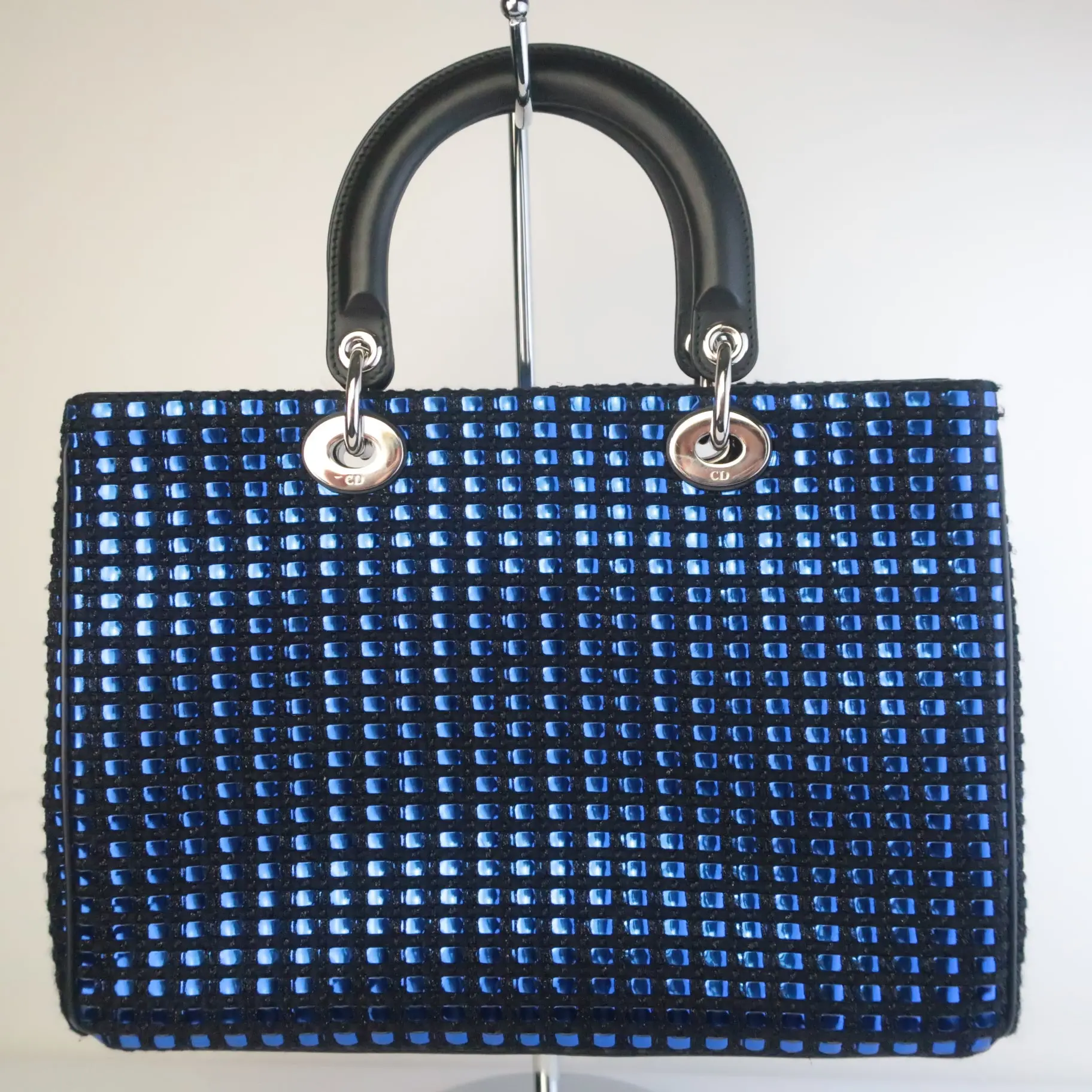 Diorissimo Patch Embellished Metallic Large Blue and Black Tweed Tote Bag - Image 6