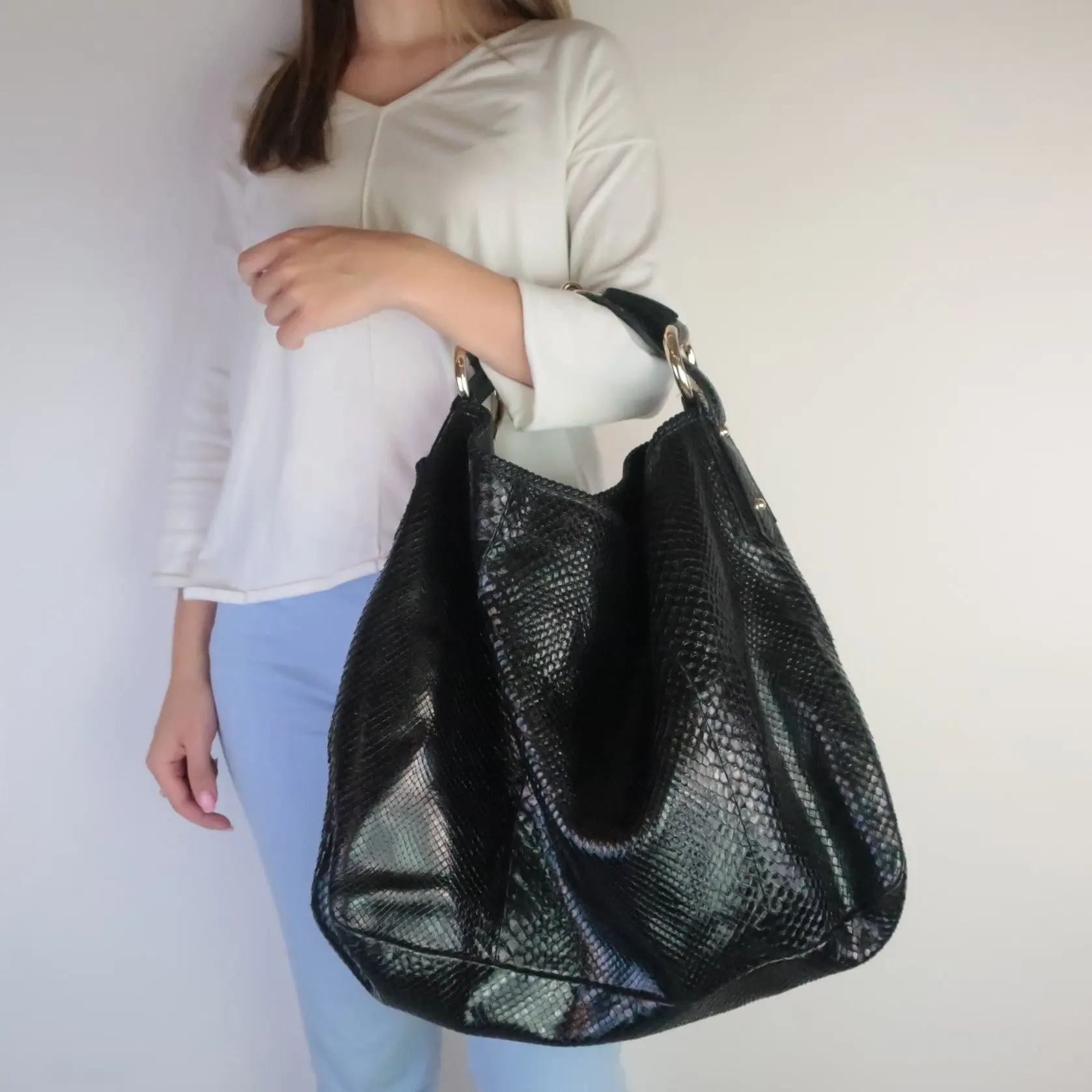 Gucci Black Python Large Horsebit Hobo Bag