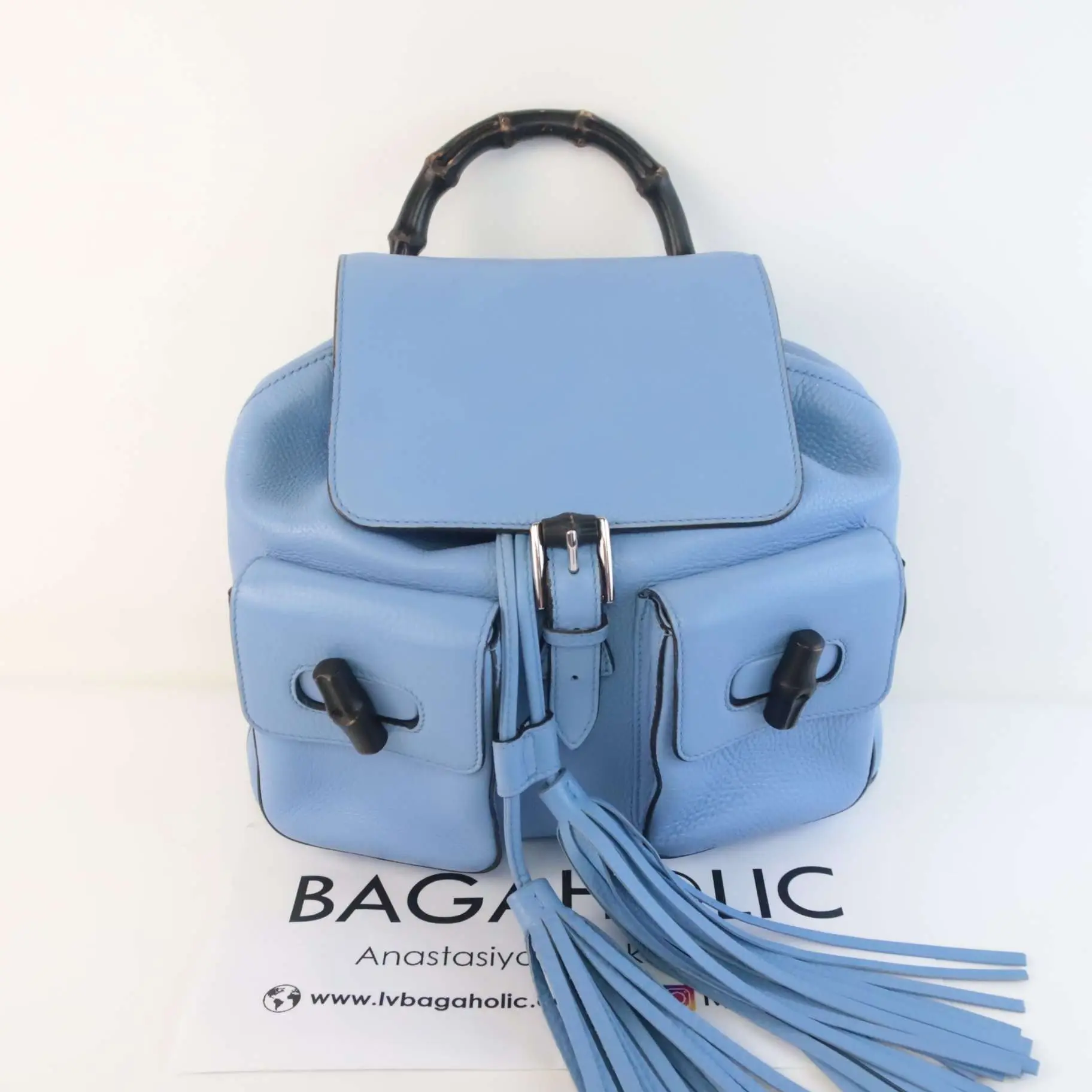 Gucci Calfskin Medium Bamboo Backpack Blue Jeans - Image 12