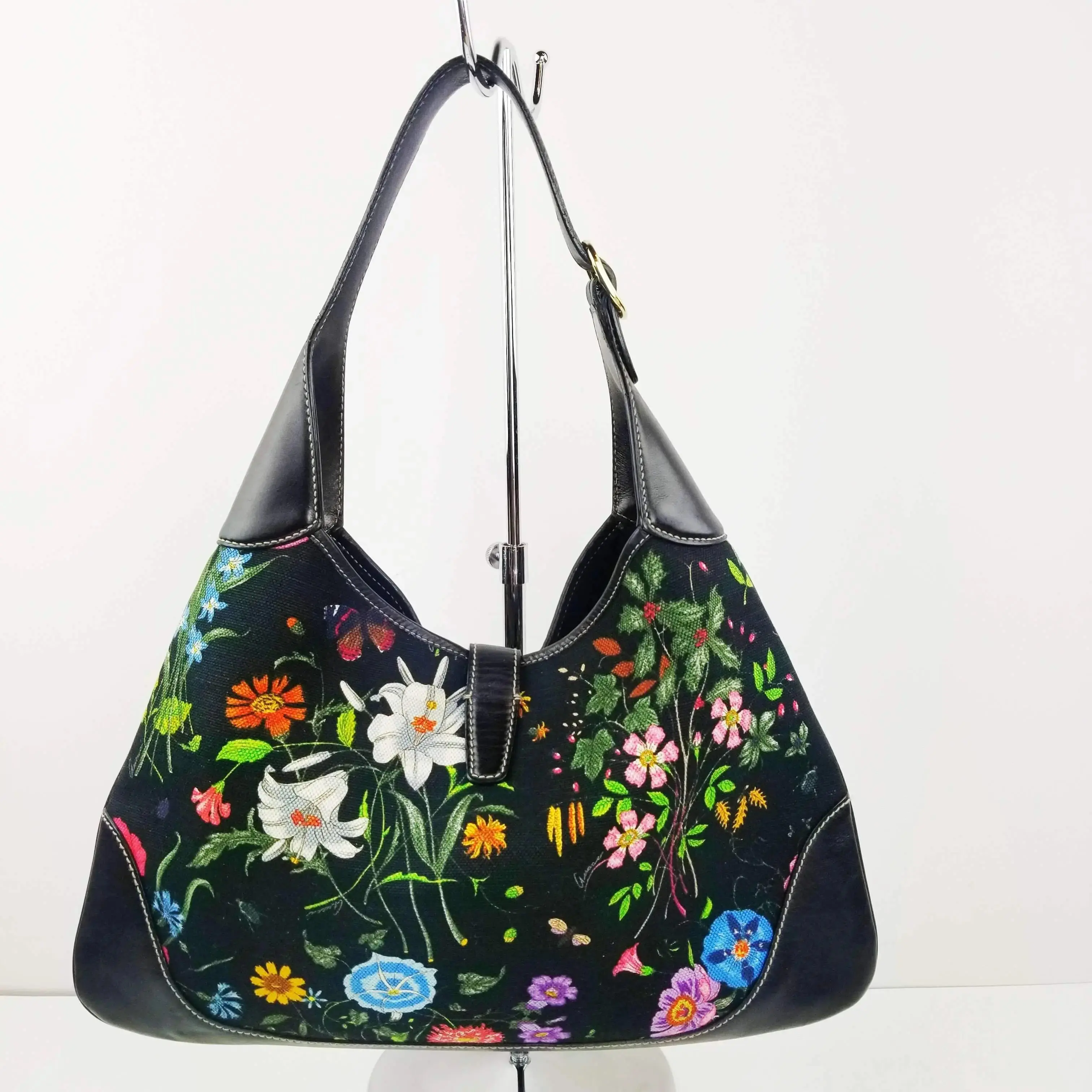 Gucci Flora Bouvier Hobo Medium Black Leather Bag with GHW - Image 2