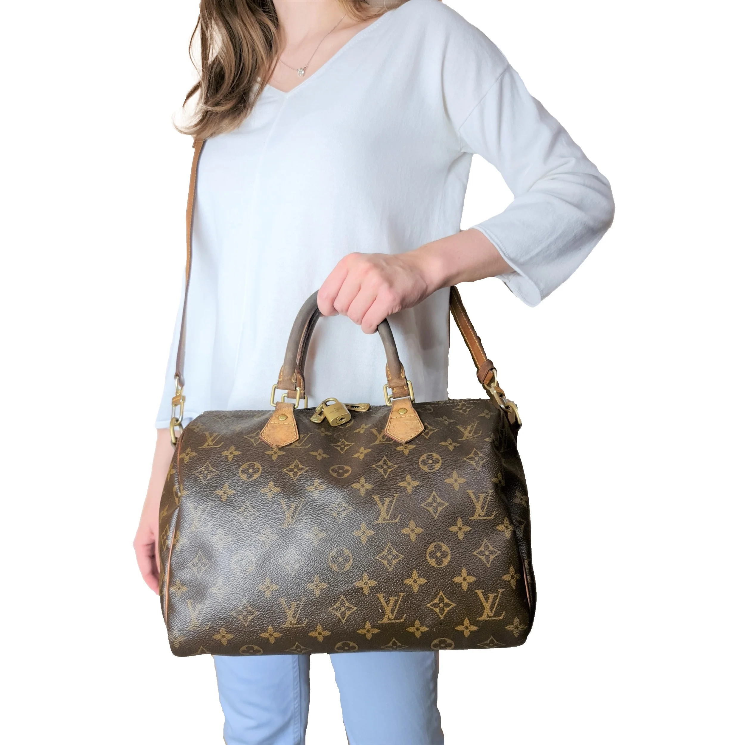 Louis Vuitton Monogram Canvas Speedy 30 Bandouliere Bag (with faded initials) (784)