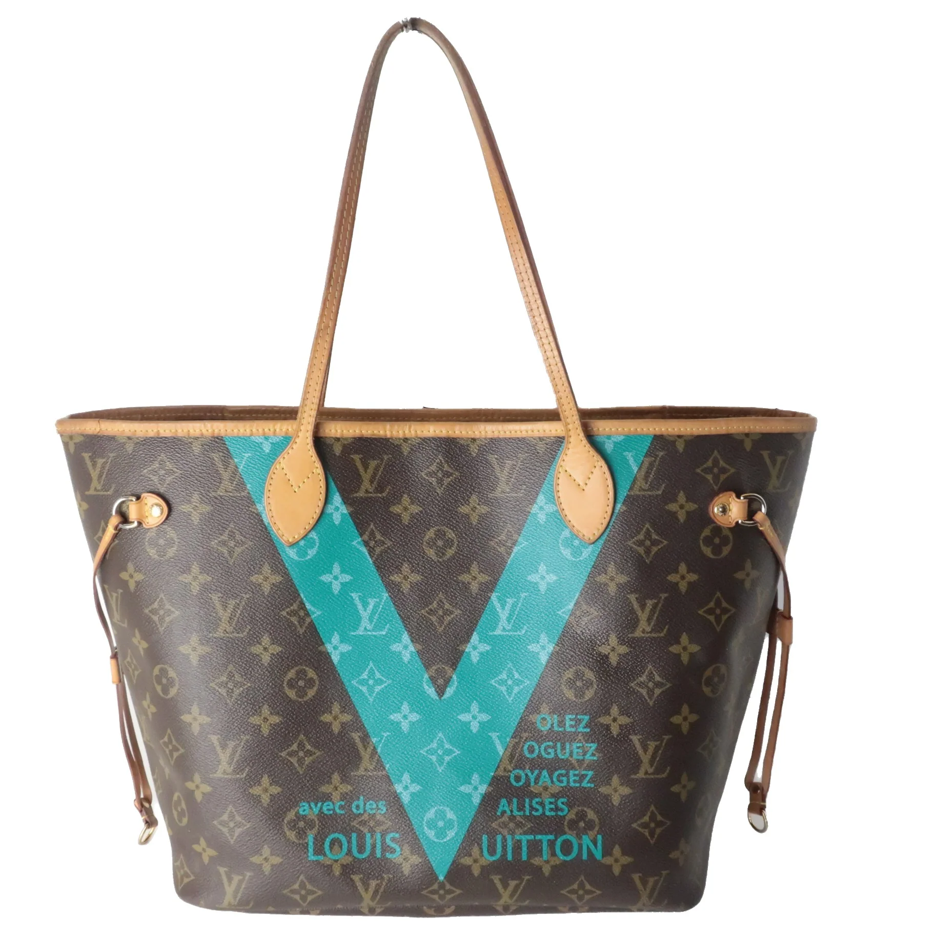 Louis Vuitton Monogram Canvas V Voyage Turquoise Neverfull MM Bag (777) - Image 3