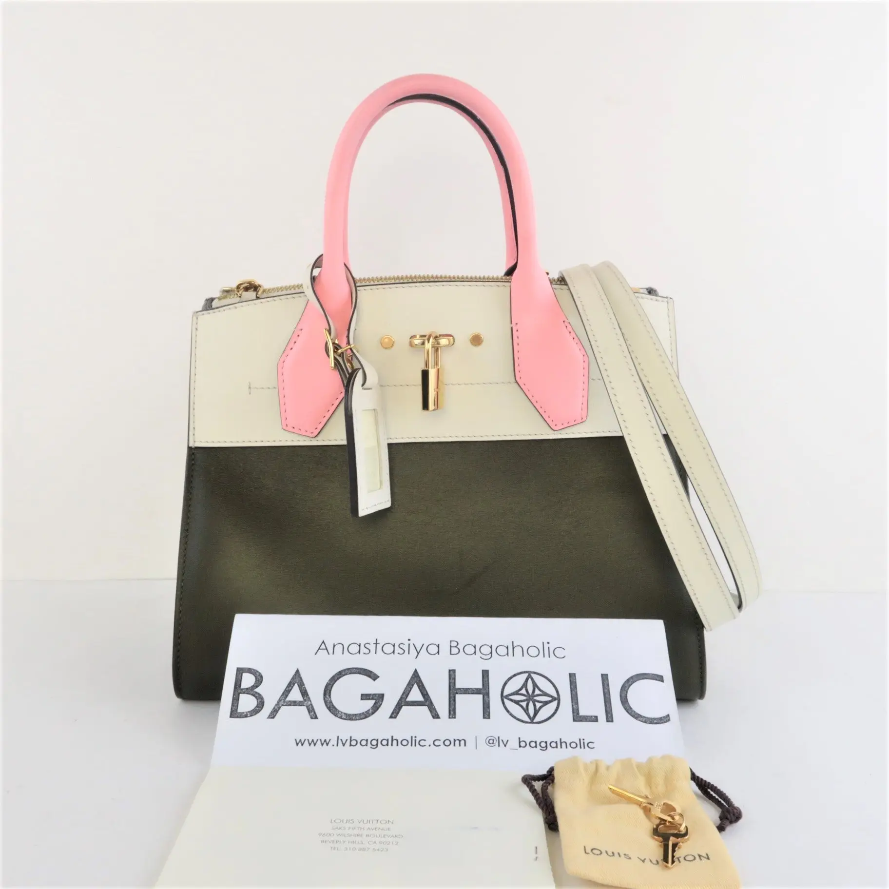 Louis Vuitton Olive/Pink Leather City Steamer PM Bag - Image 3