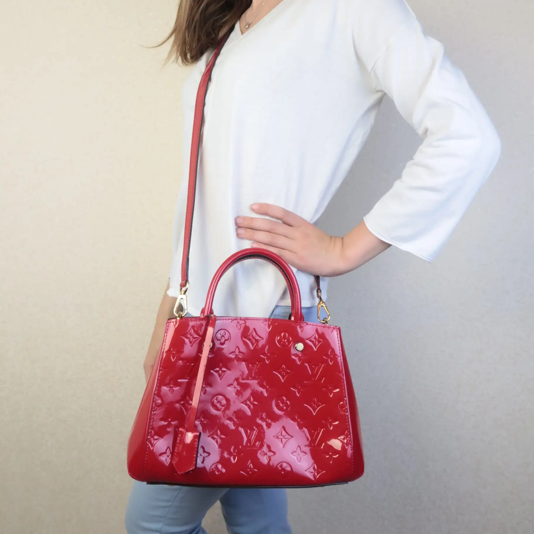 Louis Vuitton Pomme D'Amour Red Monogram Vernis Montaigne BB bag (725)