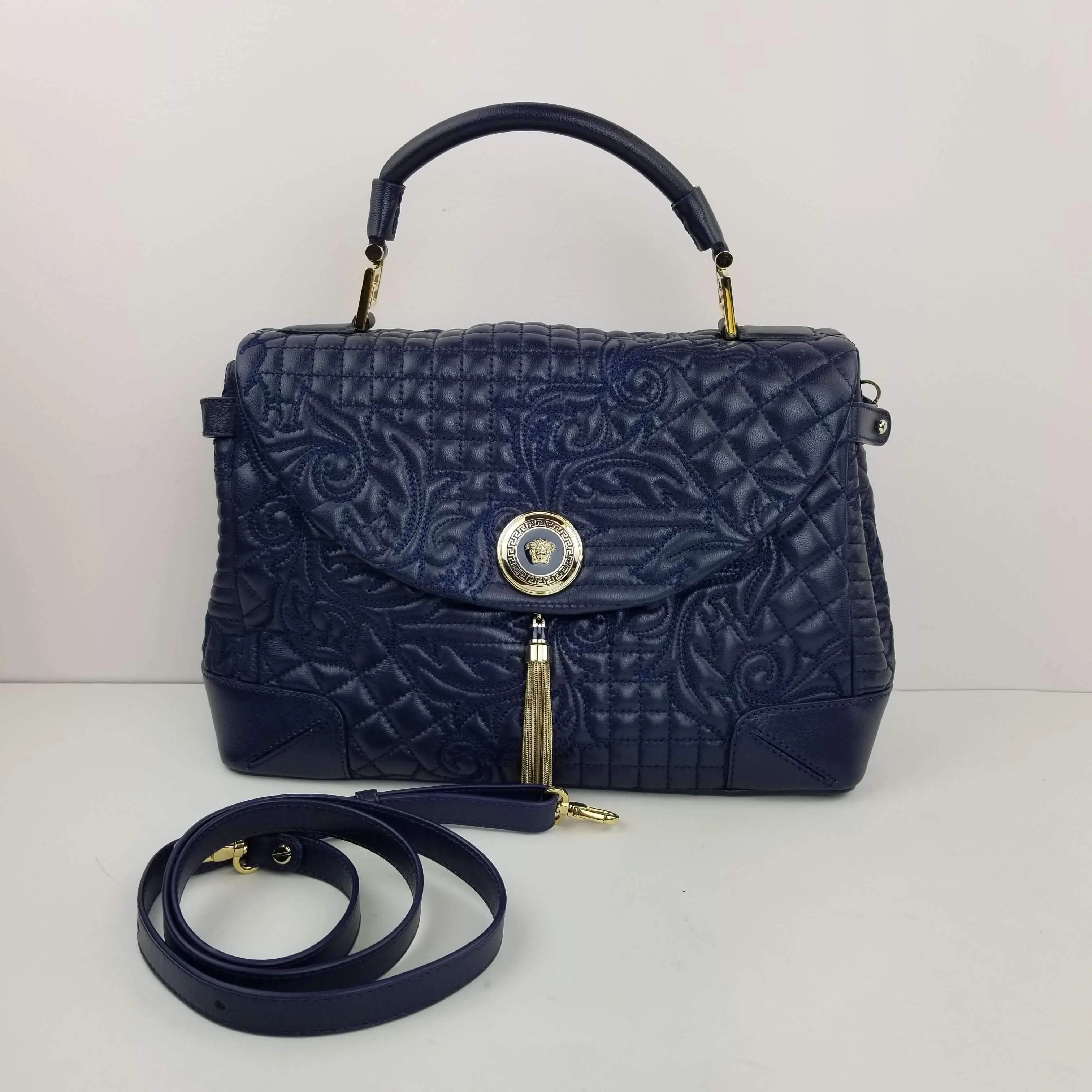 Versace Barocco Embroidered Altea Vanitas Dark Blue Leather Satchel Bag - Image 2