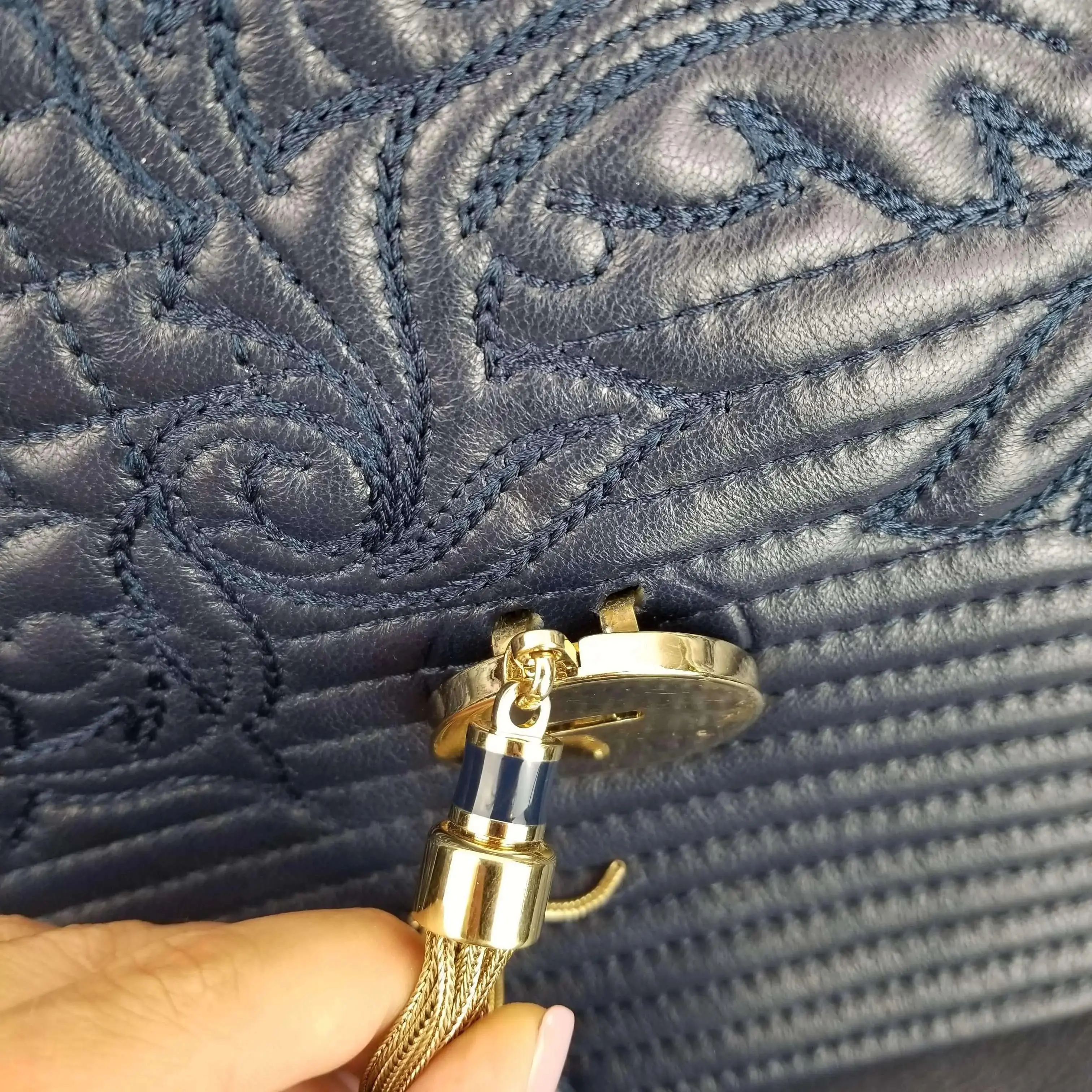 Versace Barocco Embroidered Altea Vanitas Dark Blue Leather Satchel Bag - Image 25