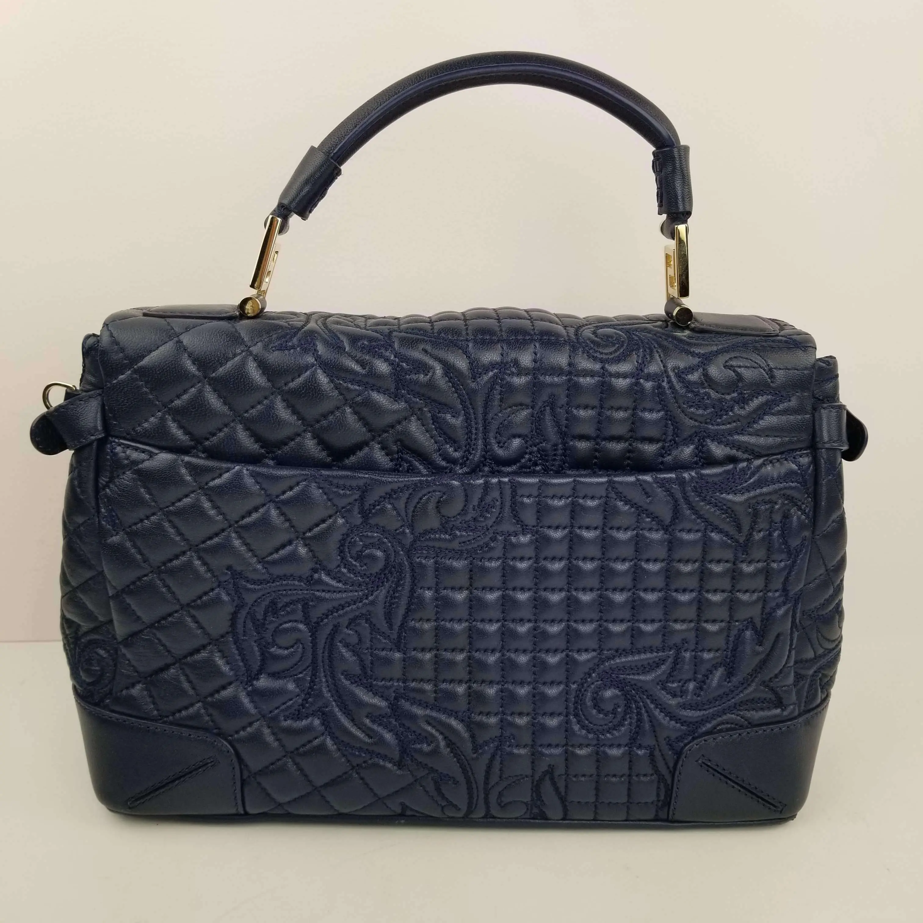 Versace Barocco Embroidered Altea Vanitas Dark Blue Leather Satchel Bag - Image 30