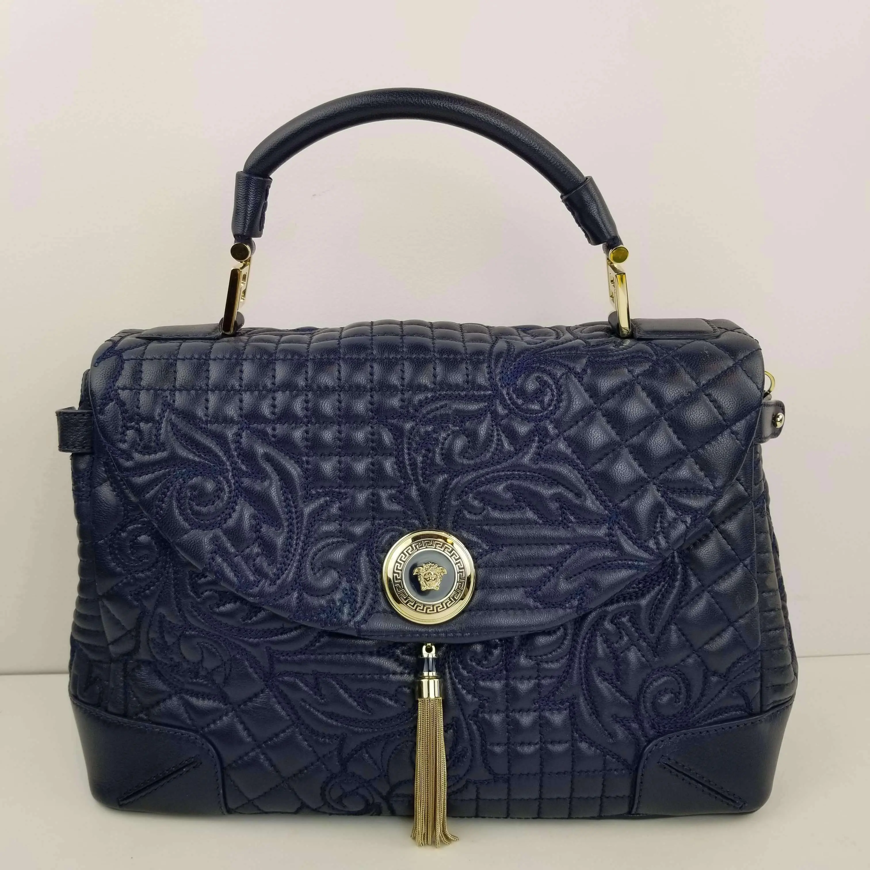 Versace Barocco Embroidered Altea Vanitas Dark Blue Leather Satchel Bag - Image 31