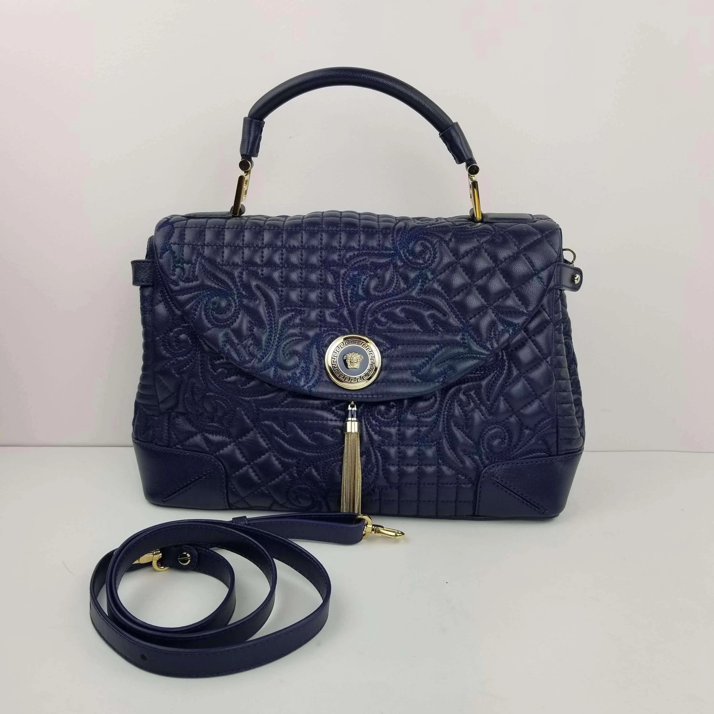 Versace Barocco Embroidered Altea Vanitas Dark Blue Leather Satchel Bag - Image 34