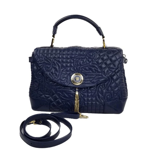 Versace Barocco Embroidered Altea Vanitas Dark Blue Leather Satchel Bag - Image 35