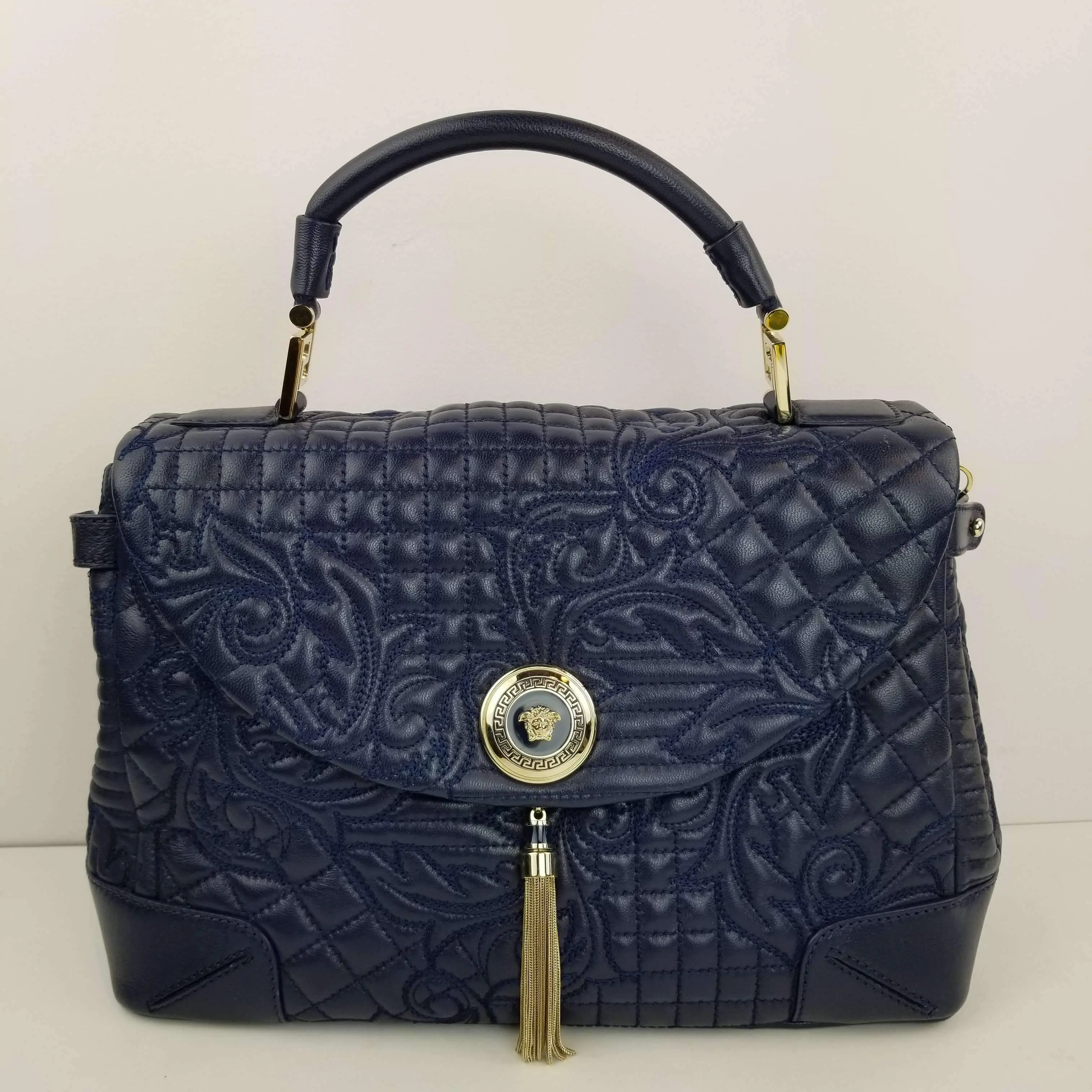 Versace Barocco Embroidered Altea Vanitas Dark Blue Leather Satchel Bag - Image 4