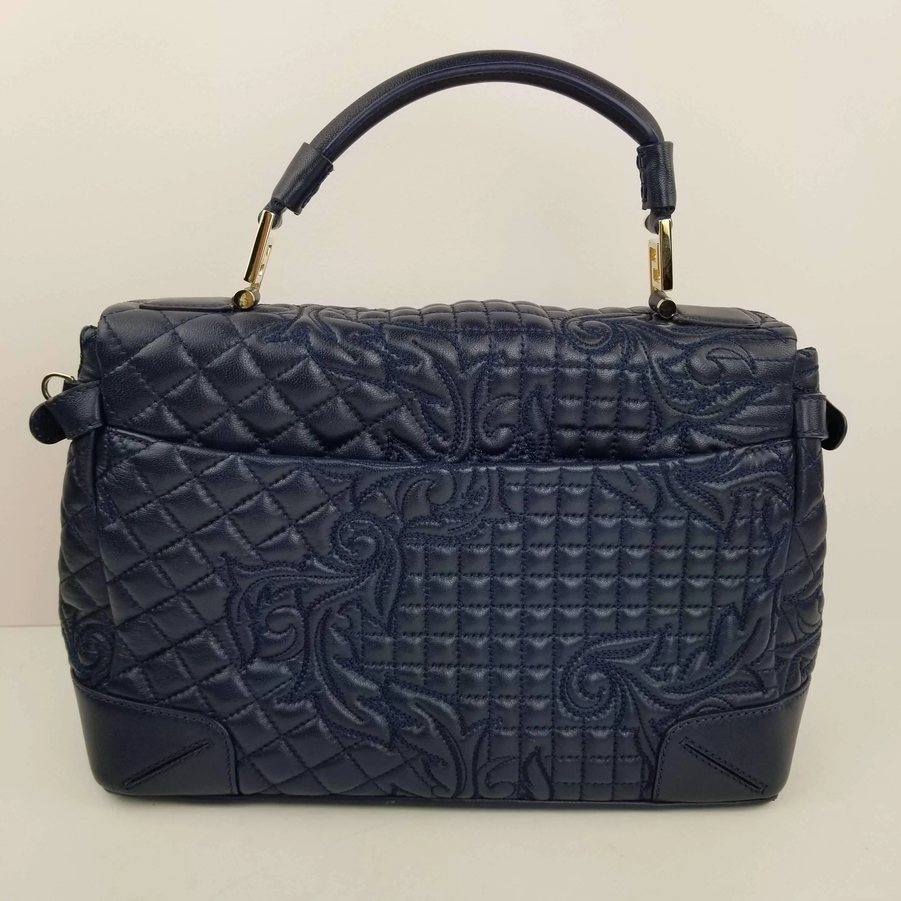 Versace Barocco Embroidered Altea Vanitas Dark Blue Leather Satchel Bag - Image 5