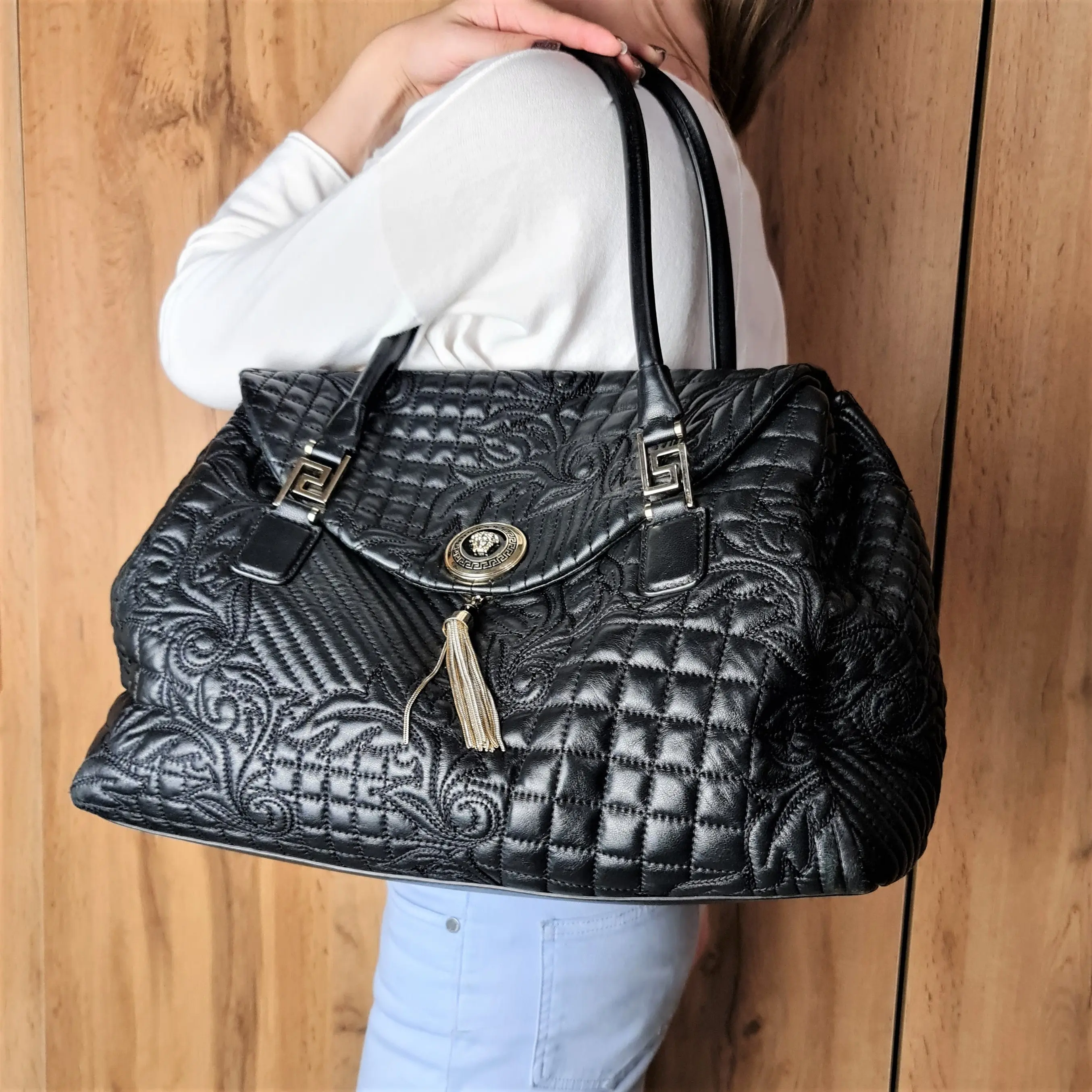 Versace Barocco Embroidered Vanitas Black Leather Double Handle Bag (788) - Image 14