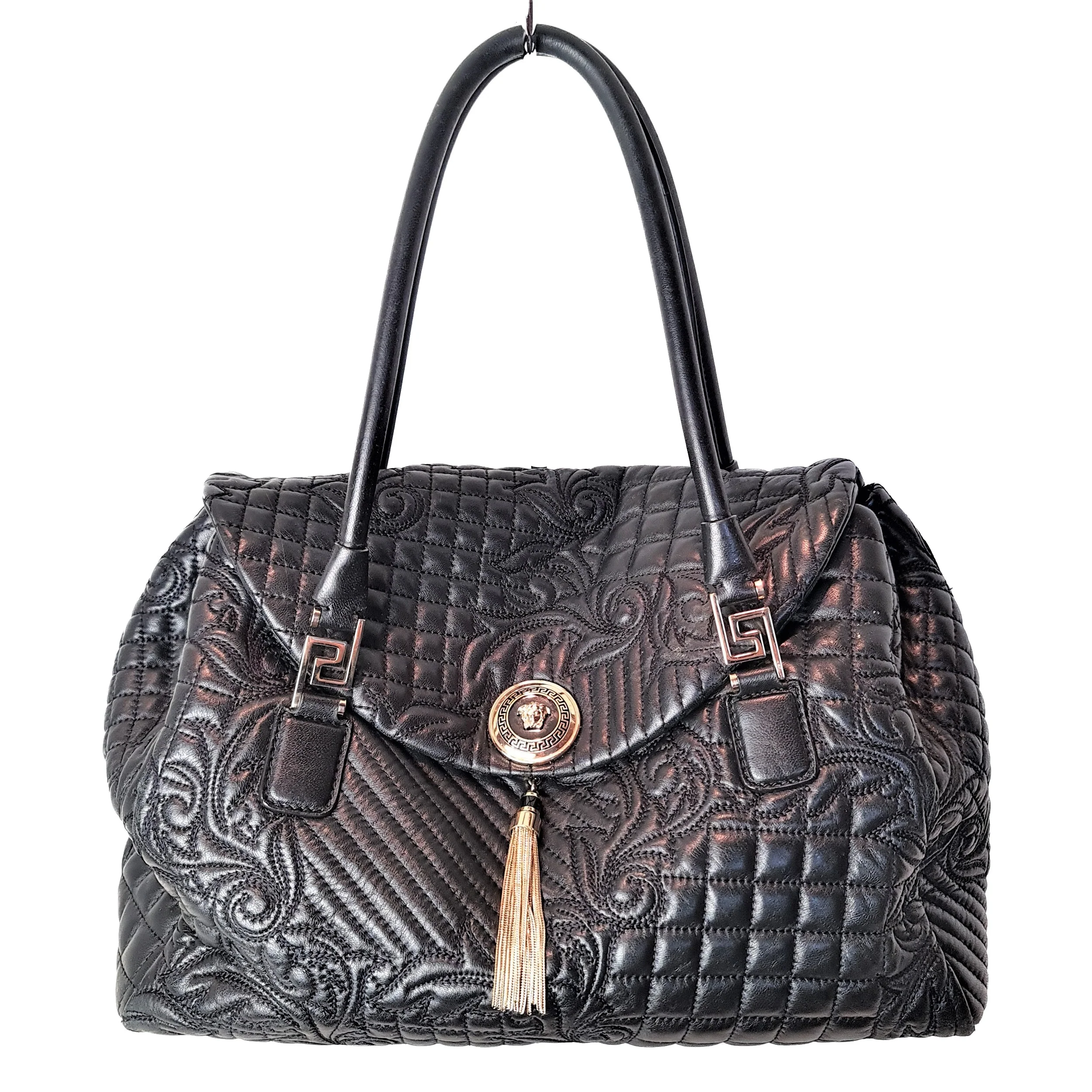 Versace Barocco Embroidered Vanitas Black Leather Double Handle Bag (788) - Image 2