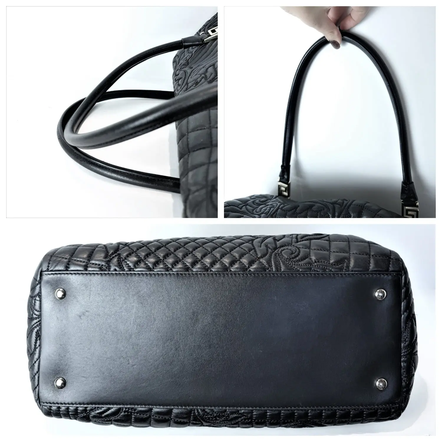 Versace Barocco Embroidered Vanitas Black Leather Double Handle Bag (788) - Image 6